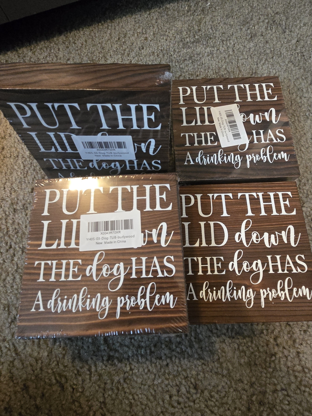 Wooden Wall Plaque "Put the Lid Down" in Brown and White